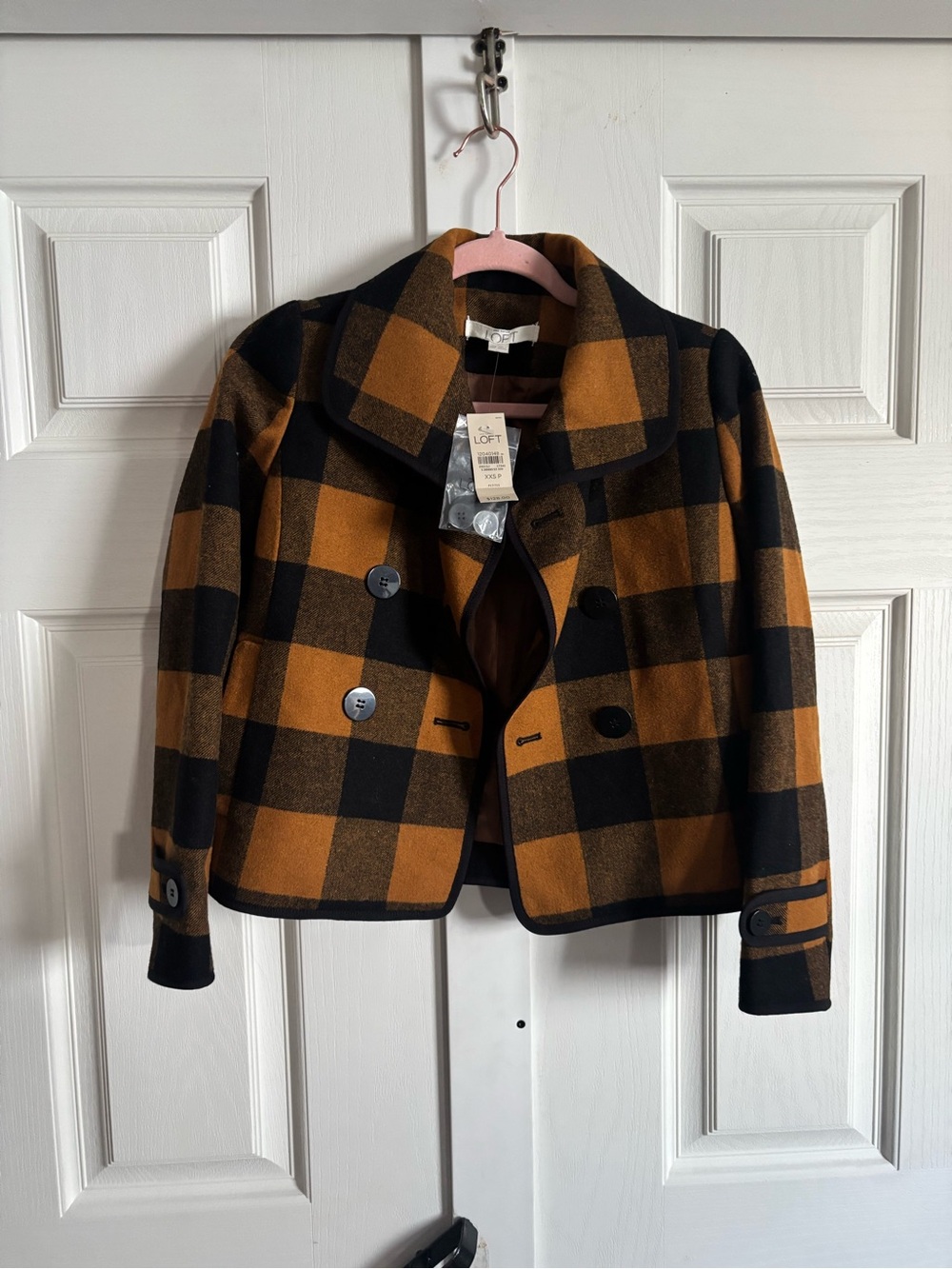 NWT Loft XXSP Womens Plaid Double-Breasted Wool-Blend Jacket - Mustard/Black